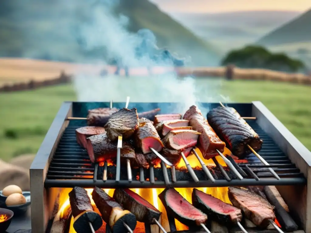 Una escena animada de un asado uruguayo tradicional con cortes de carne sobre brasas, en un entorno campestre