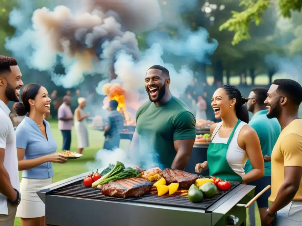 Una escena animada y detallada de un grupo diverso de personas disfrutando de un asado al aire libre en un parque, mostrando comunidad y colaboración