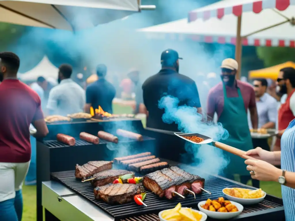 Escena animada de un evento de barbacoa al aire libre, con múltiples parrillas, comida colorida y gente diversa disfrutando bajo el sol