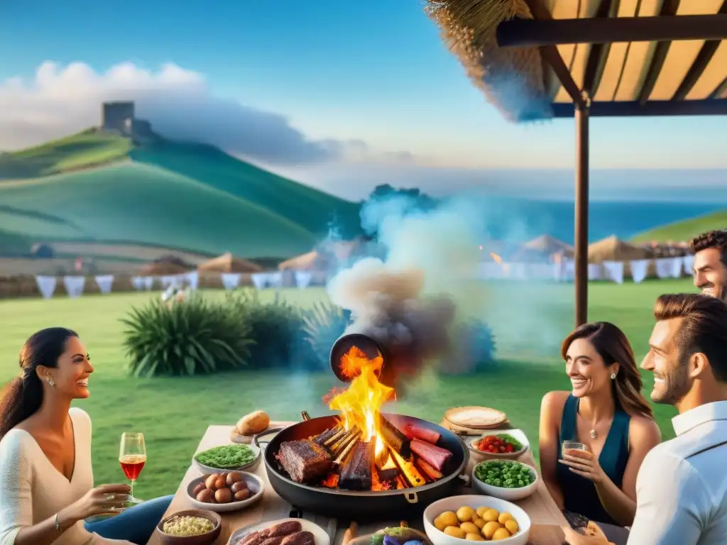 Una escena animada de un evento de asado al aire libre en Uruguay, con una gran parrilla rodeada de personas disfrutando de la comida