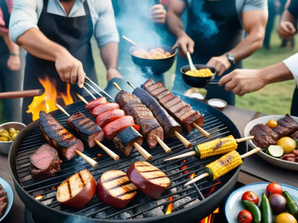 Una escena animada de un evento de asado comunitario en Uruguay, con diversidad, camaradería y deliciosa comida a la parrilla