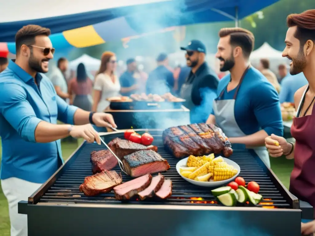 Escena animada de un exitoso evento de asado al aire libre, con diversidad de personas disfrutando comida deliciosa bajo un cielo azul