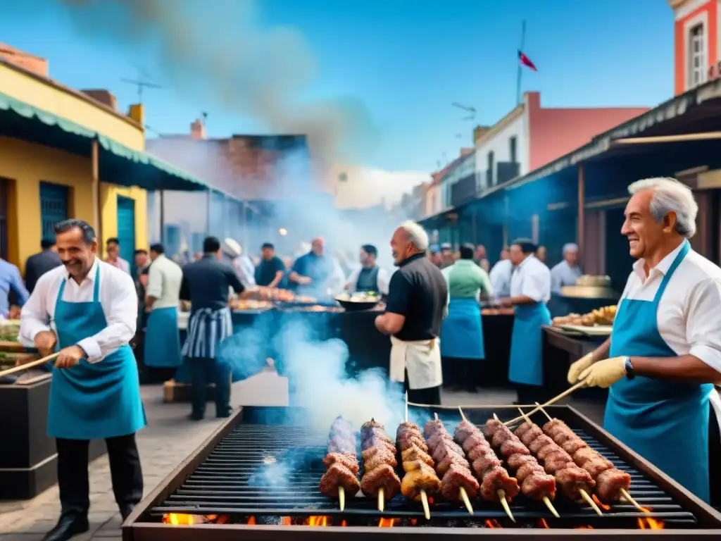 Una escena animada de la historia del asado uruguayo en Montevideo, con gente disfrutando alrededor de la parrilla