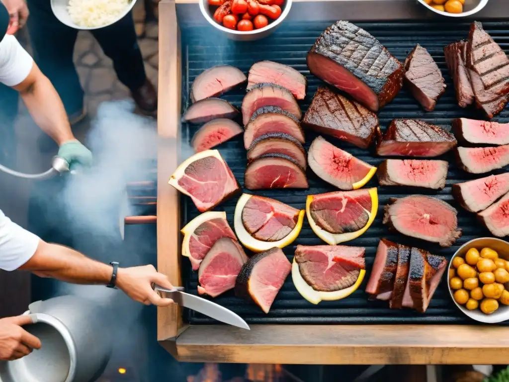 Escena animada en mercado con cortes de carne fresca y al grill