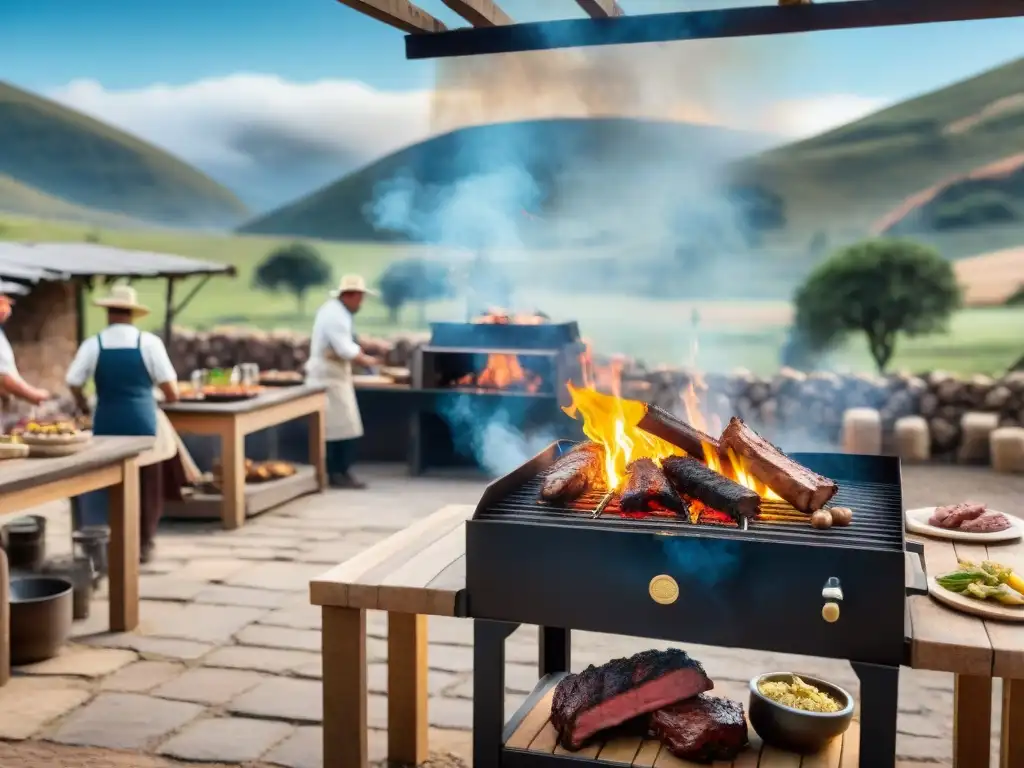 Una escena animada de Talleres de Asado Uruguayo en el campo, con experto asador y comida sizzling