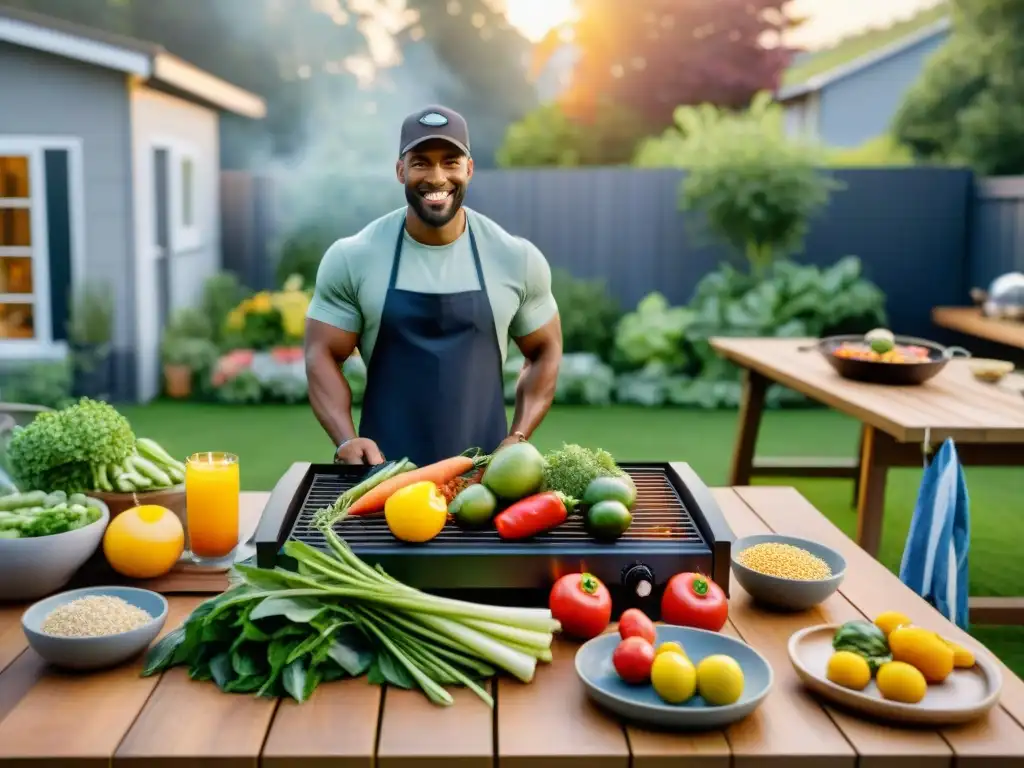 Una escena armoniosa de un jardín verde con una parrilla ecológica, rodeada de vegetales y frutas locales