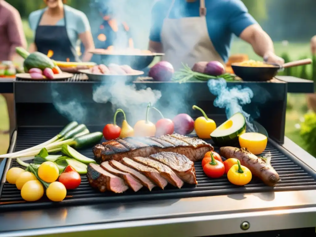 Una escena de asado al aire libre vibrante con vegetales coloridos y cortes magros de carne en la parrilla