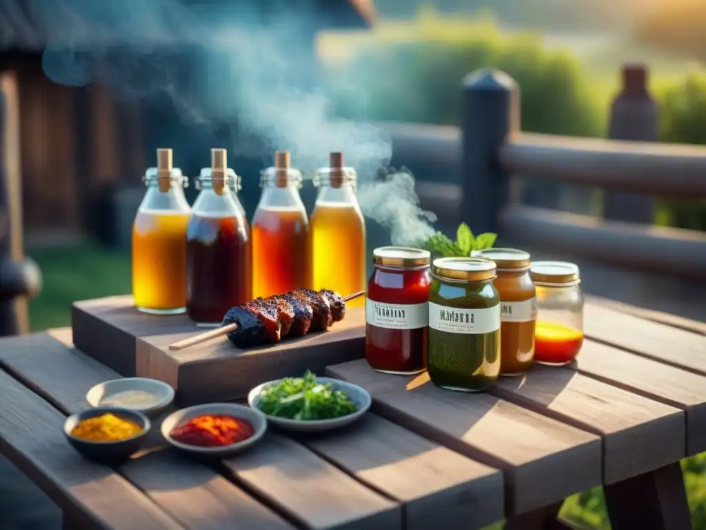 Una escena de asado al aire libre con salsas y condimentos premium en una mesa de madera rústica