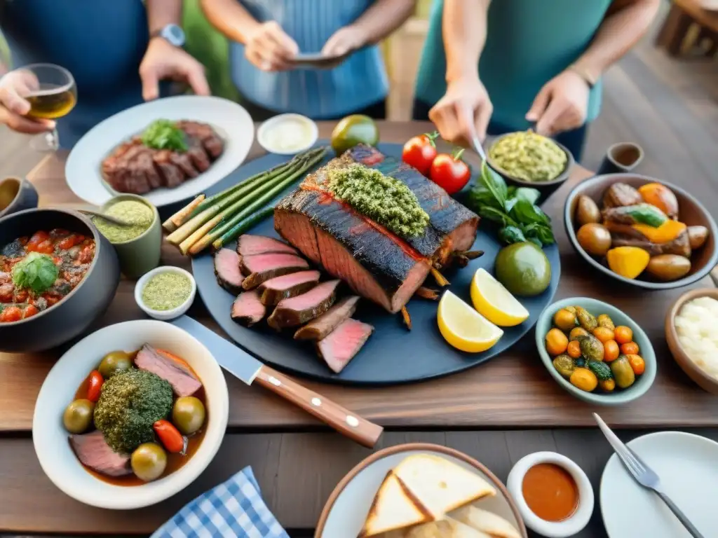 Una escena de asado argentino con técnicas ancestrales y modernas, mostrando comida y camaradería