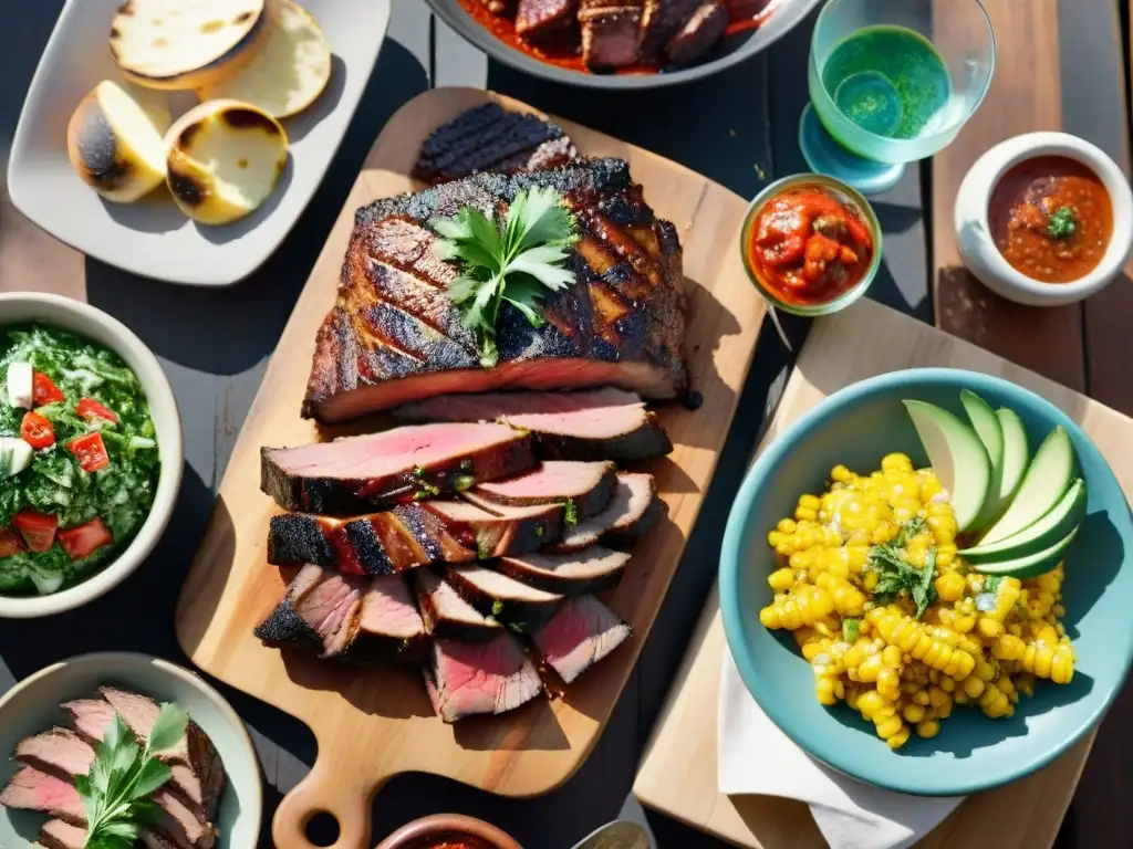 Una escena de asado argentino tradicional con cortes de carne suculentos, chimichurri y pan en una mesa rústica