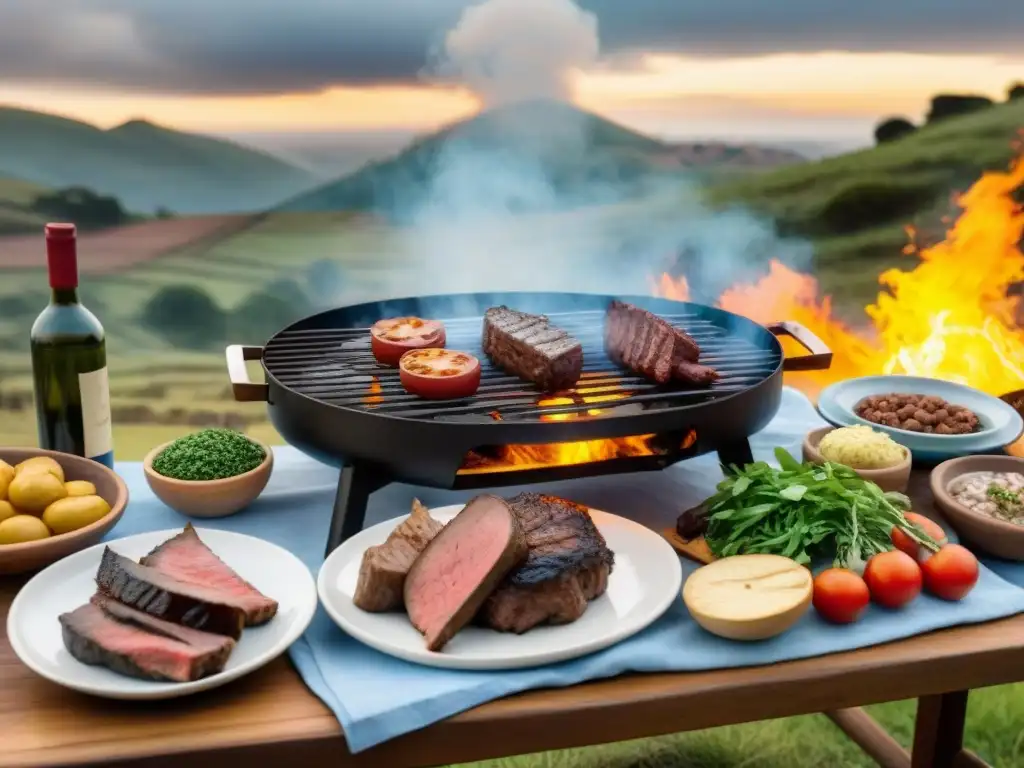 Escena de asado al asador uruguayo tradicional con gaucho atendiendo la parrilla, historia asado uruguayo técnica