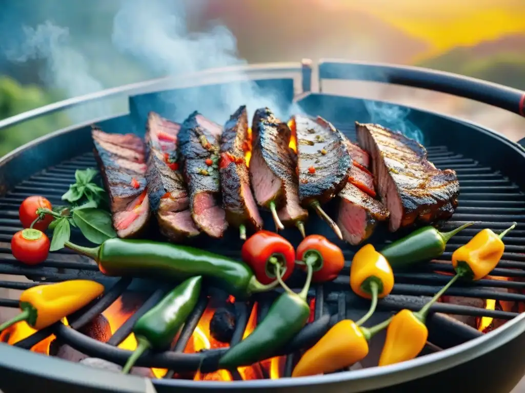 Escena de asado al atardecer: parrilla humeante con carne marinada, rodeada de vegetación colorida