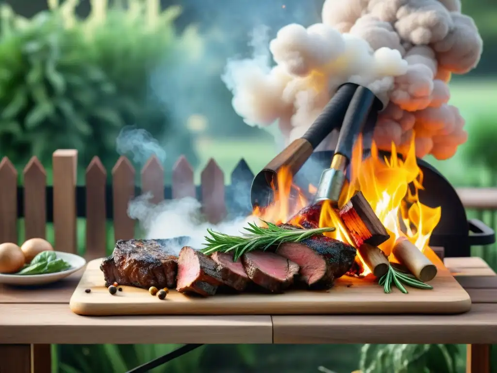 Escena de asado a la leña en jardín con cocina rústica y chef preparando carne, técnicas de asado a la leña