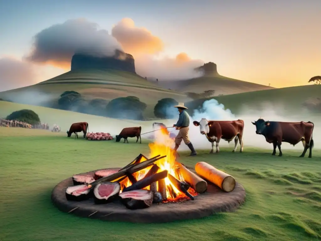 Escena de asado en estancia uruguaya al atardecer, con gauchos y parrilla rústica