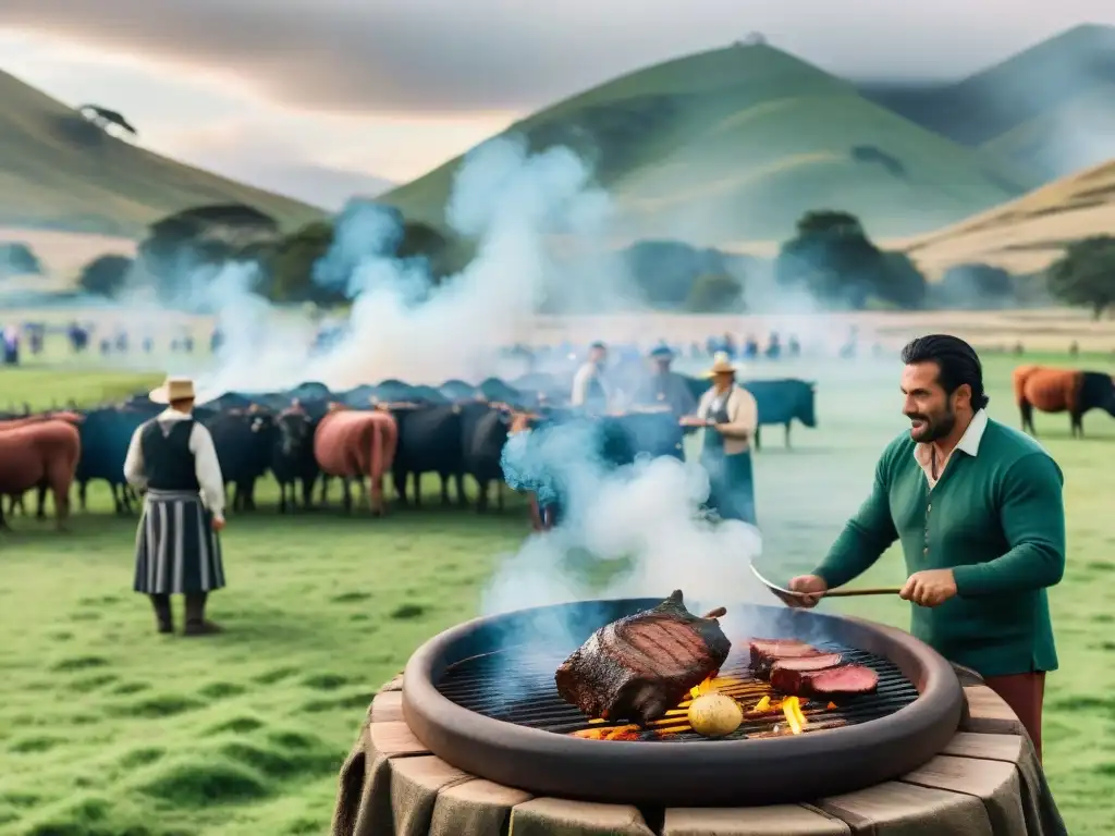 Escena de asado en estancia uruguaya: gauchos preparan un asado al aire libre, rodeados de visitantes