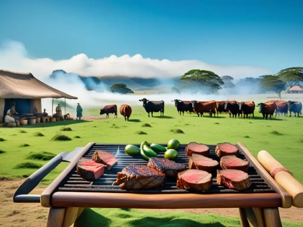 Escena de asado en estancia uruguaya: gauchos preparan un asado bajo el cielo azul