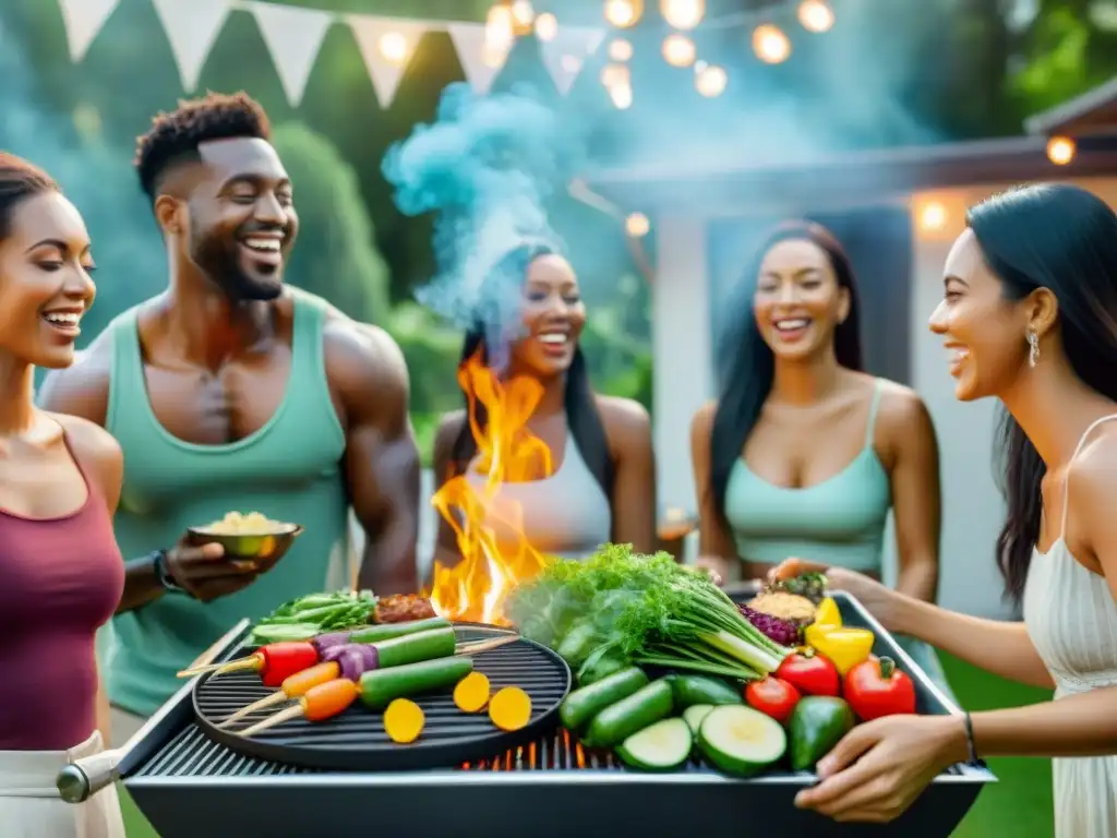 Una escena de asado ético con amigos disfrutando de una parrillada de vegetales coloridos, platos de bamboo y luz solar