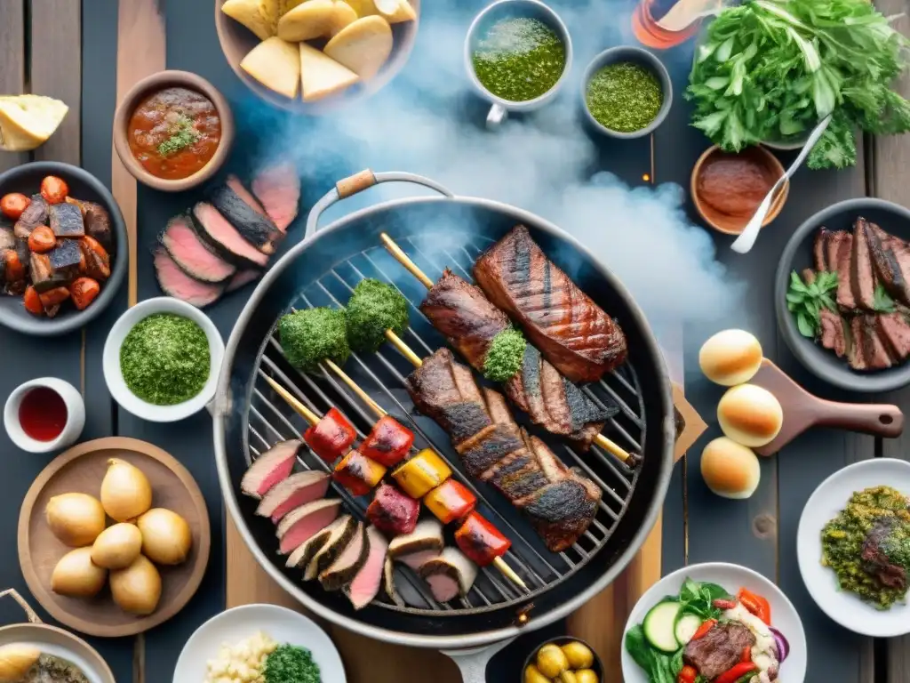Asado uruguayo: fiesta de sabores y tradición Una escena de asado en Uruguay: amigos y familia disfrutan de una parrilla con carnes, chimichurri y vino, en un ambiente cálido y acogedor