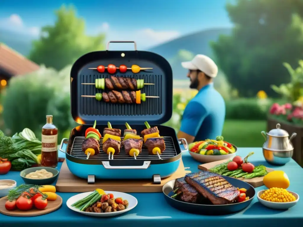 Una escena de asado familiar saludable con verduras y carne a la parrilla