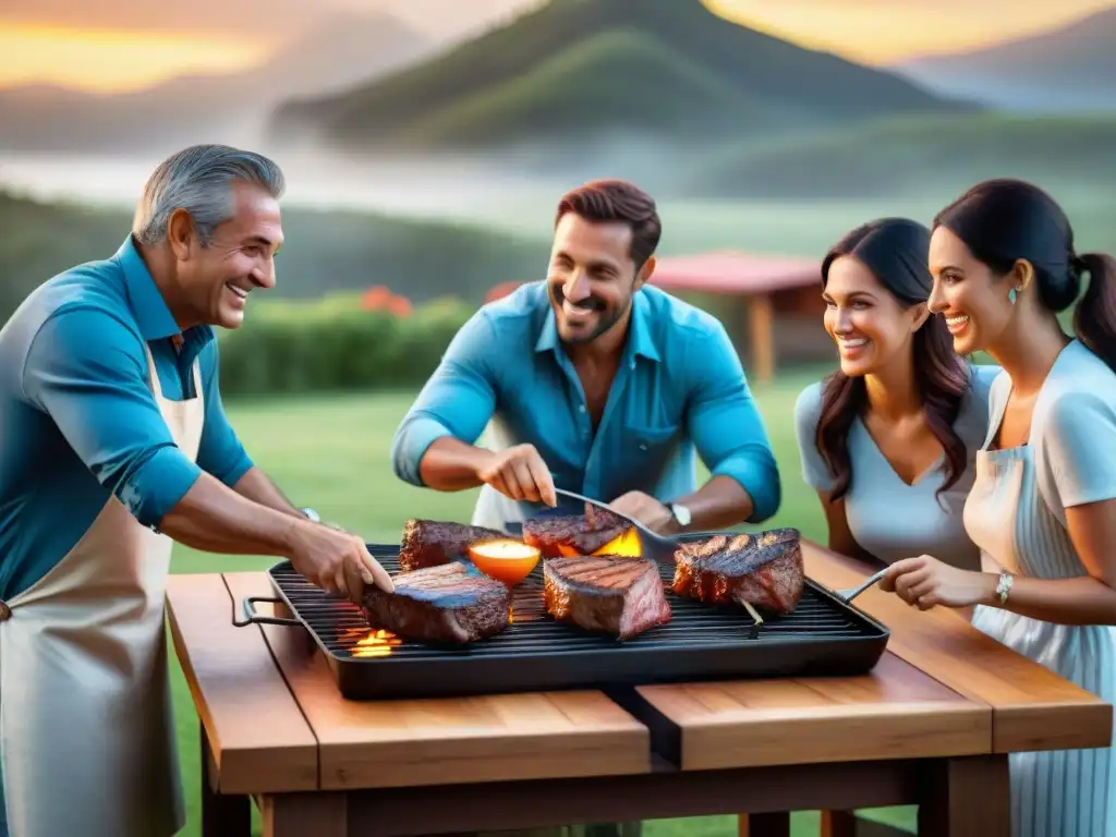 Una escena de un asado familiar uruguayo con una parrilla rebosante de carnes a la parrilla, capturando la calidez y la tradición