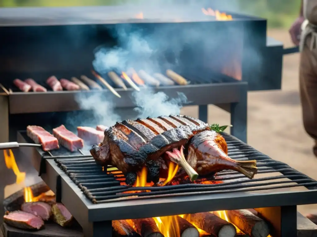 Escena de asado con hojas de vid: parrilla argentina tradicional al aire libre con carne cocinándose sobre brasas brillantes