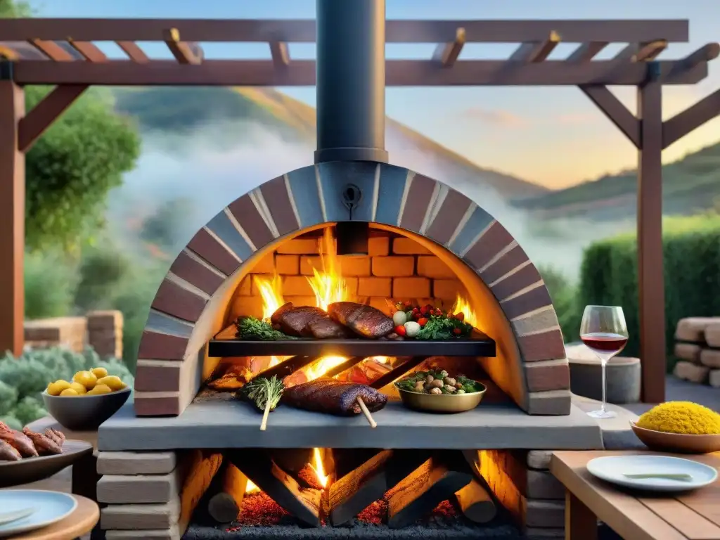 Una escena de asado al horno tradicional argentino, con amigos disfrutando del festín alrededor del fuego