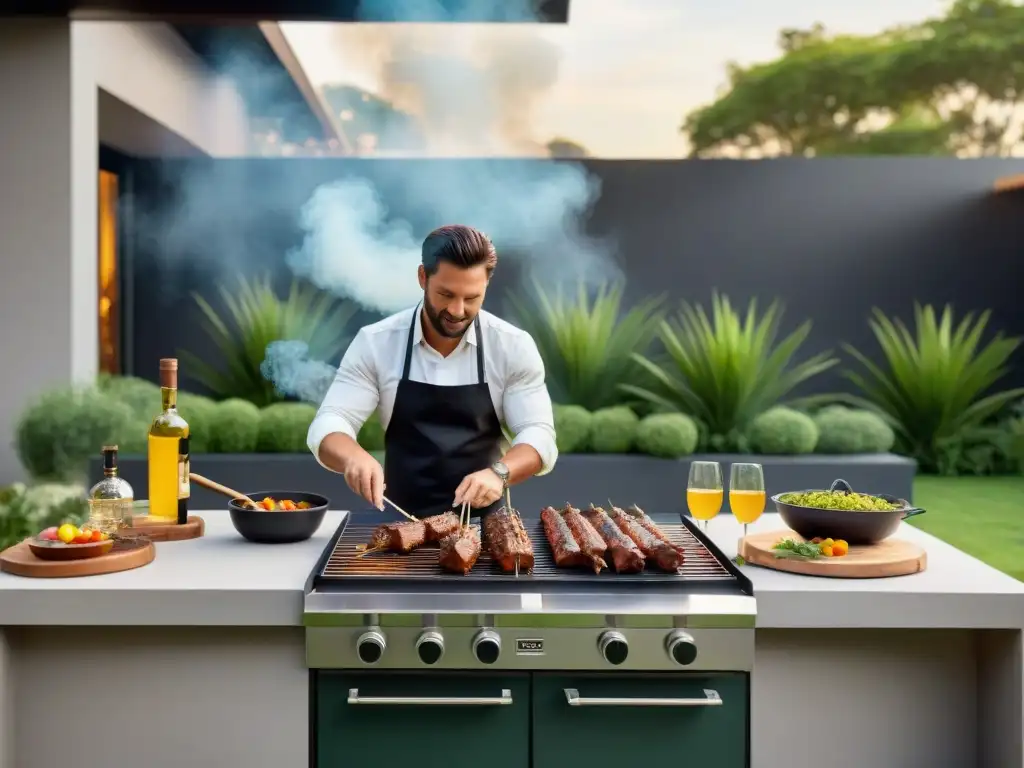 Una escena de asado moderno al aire libre con toque innovador, rodeada de naturaleza exuberante