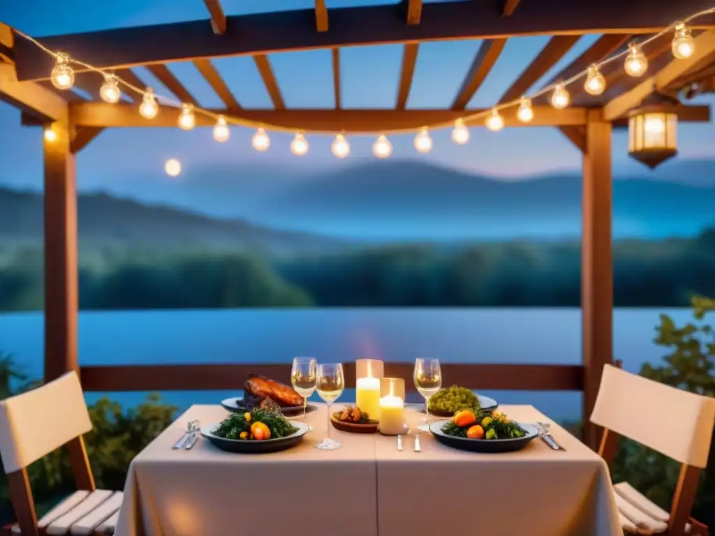 Escena de asado nocturno perfecto bajo estrellas: mesa elegante iluminada por luces de hadas, velas y deliciosa parrillada al fondo