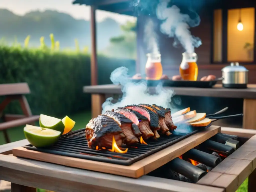 Una escena de asado en un patio trasero en Uruguay, con cervezas artesanales uruguayas y comida asada en una mesa de madera rústica