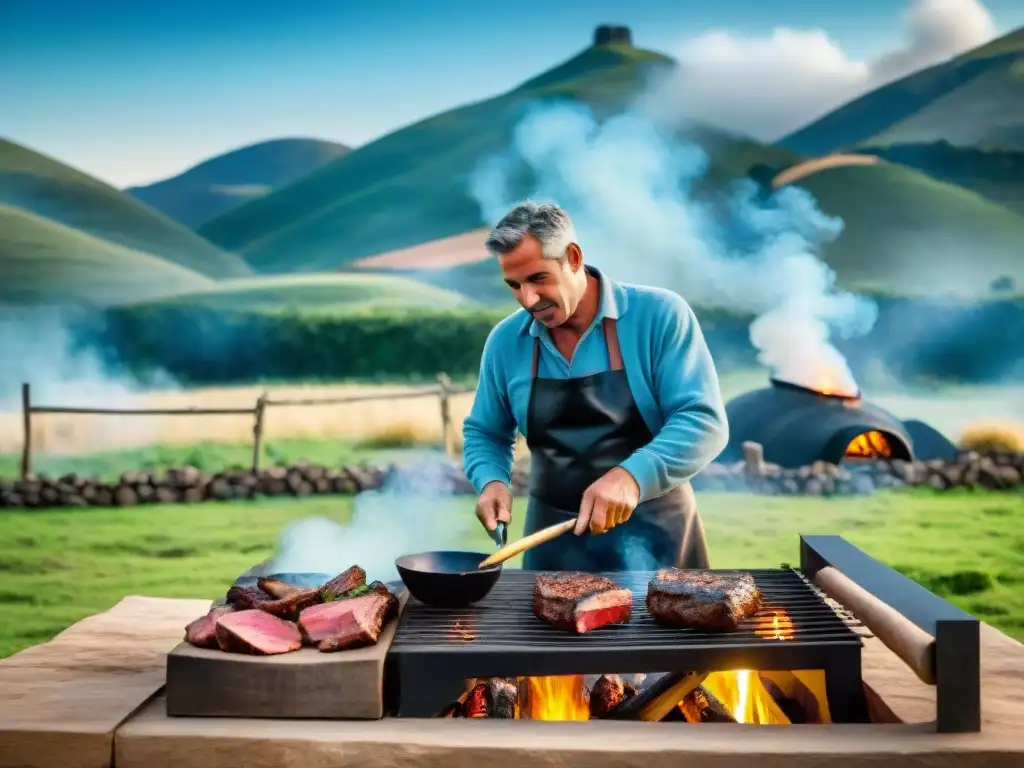 Una escena de asado tradicional uruguayo en Maldonado: gauchos, parrilla y paisaje campestre