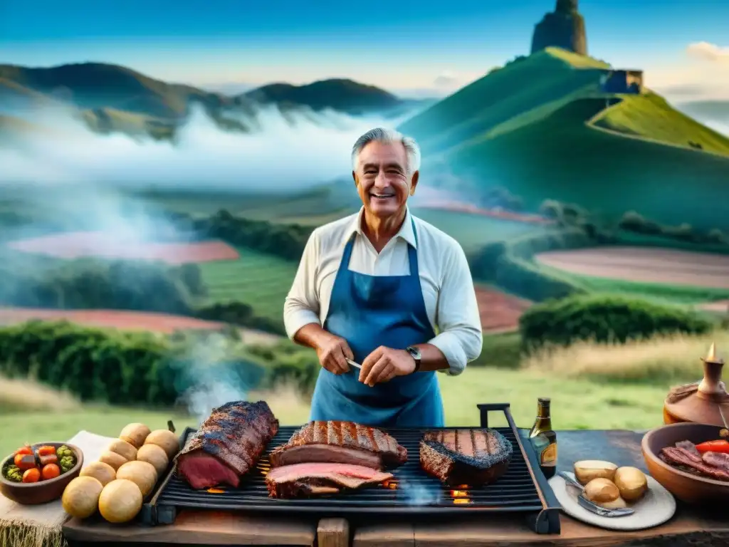 Escena de asado tradicional uruguayo con diversidad de personas reunidas alrededor de una parrilla y paisaje campestre