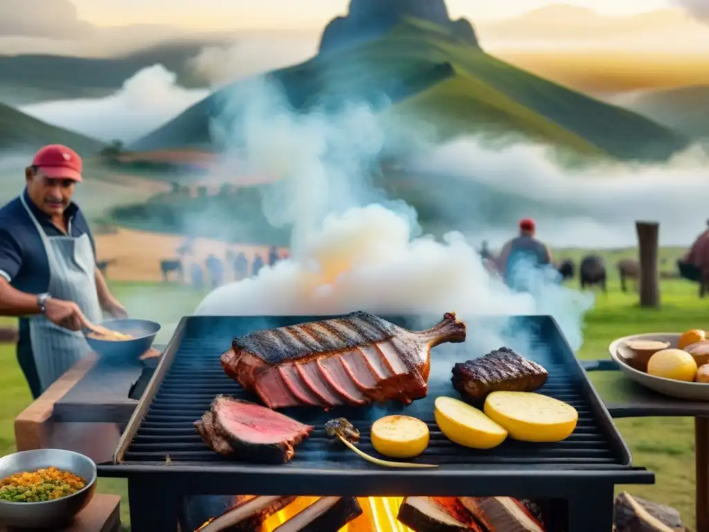 Escena de asado tradicional uruguayo: gente alrededor de la parrilla con carne sizzling