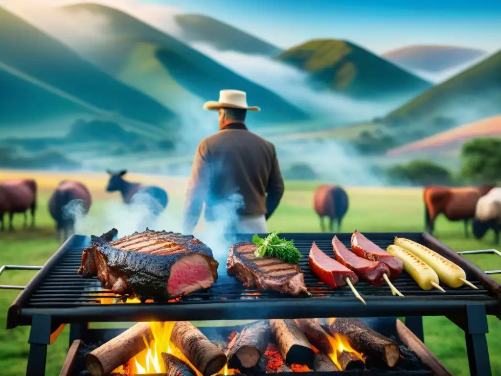 Escena de asado tradicional uruguayo con Historias Carnes Fuegos Cruzados Uruguay