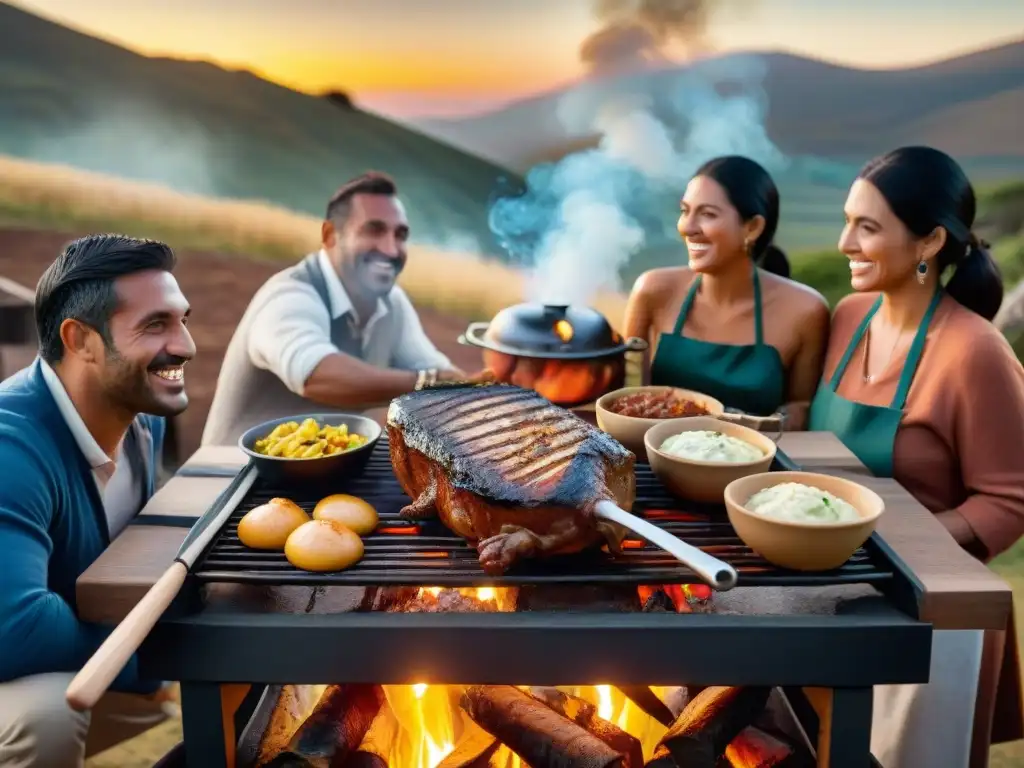 Una escena de asado tradicional uruguayo al atardecer con amigos y familia