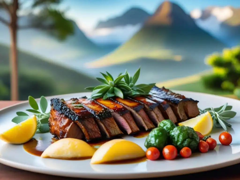 Una escena de asado tradicional uruguayo: mesa rústica con costillas de cerdo glaseadas y chimichurri, empanadas doradas y verduras asadas