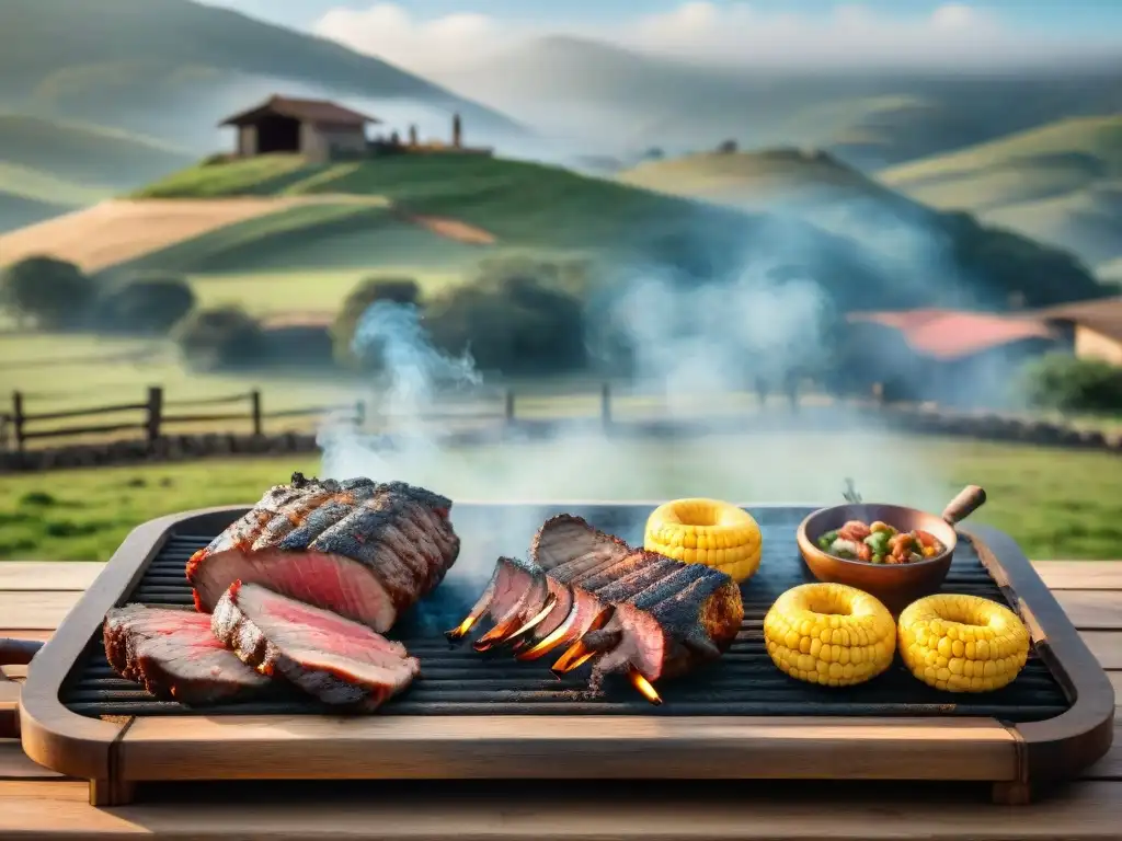 Escena de asado tradicional uruguayo con carnes de alta calidad siendo grilladas en una mesa de madera rústica