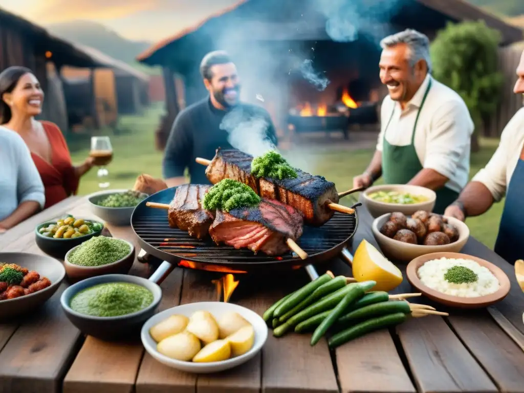 Una escena de asado tradicional uruguayo con amigos disfrutando de la comida alrededor de una mesa rústica, en un ambiente cálido y acogedor en el campo uruguayo al atardecer