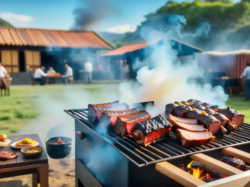 Escena de asado tradicional uruguayo al aire libre con gauchos y amigos disfrutando, eventos de asado en Uruguay