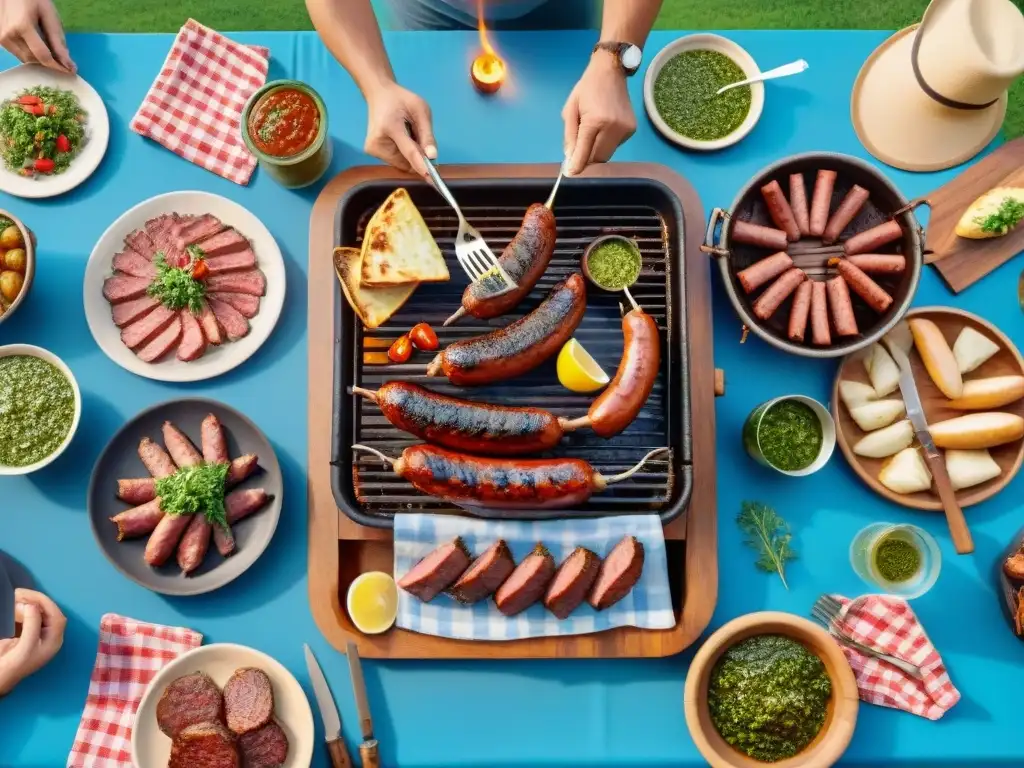 Una escena de asado tradicional uruguayo con amigos y familia disfrutando la comida bajo un cielo azul vibrante