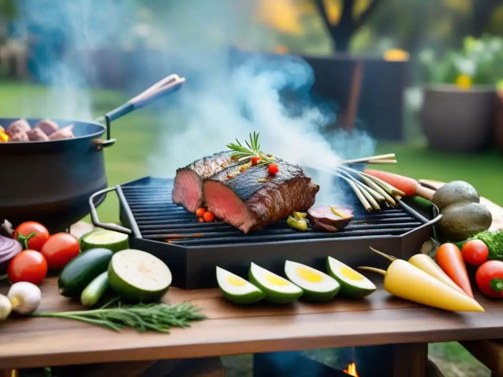 Escena de asado tradicional uruguayo en jardín exuberante al atardecer