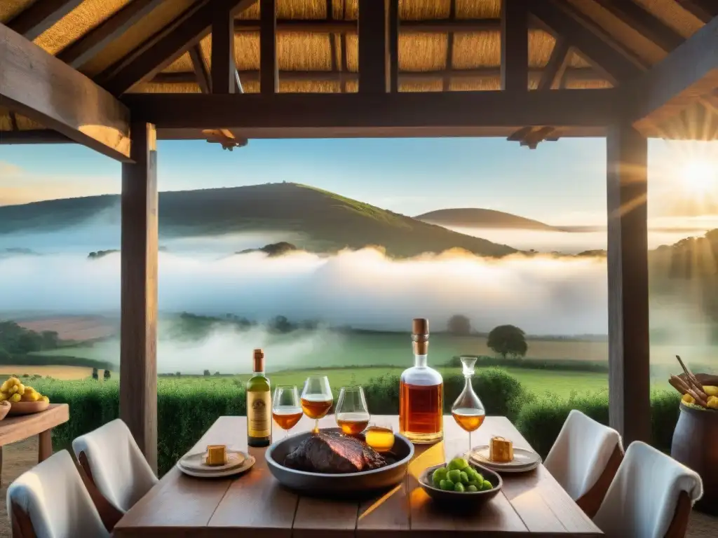 Una escena de asado tradicional uruguayo con destilados uruguayos para maridar, en medio de la naturaleza exuberante al atardecer