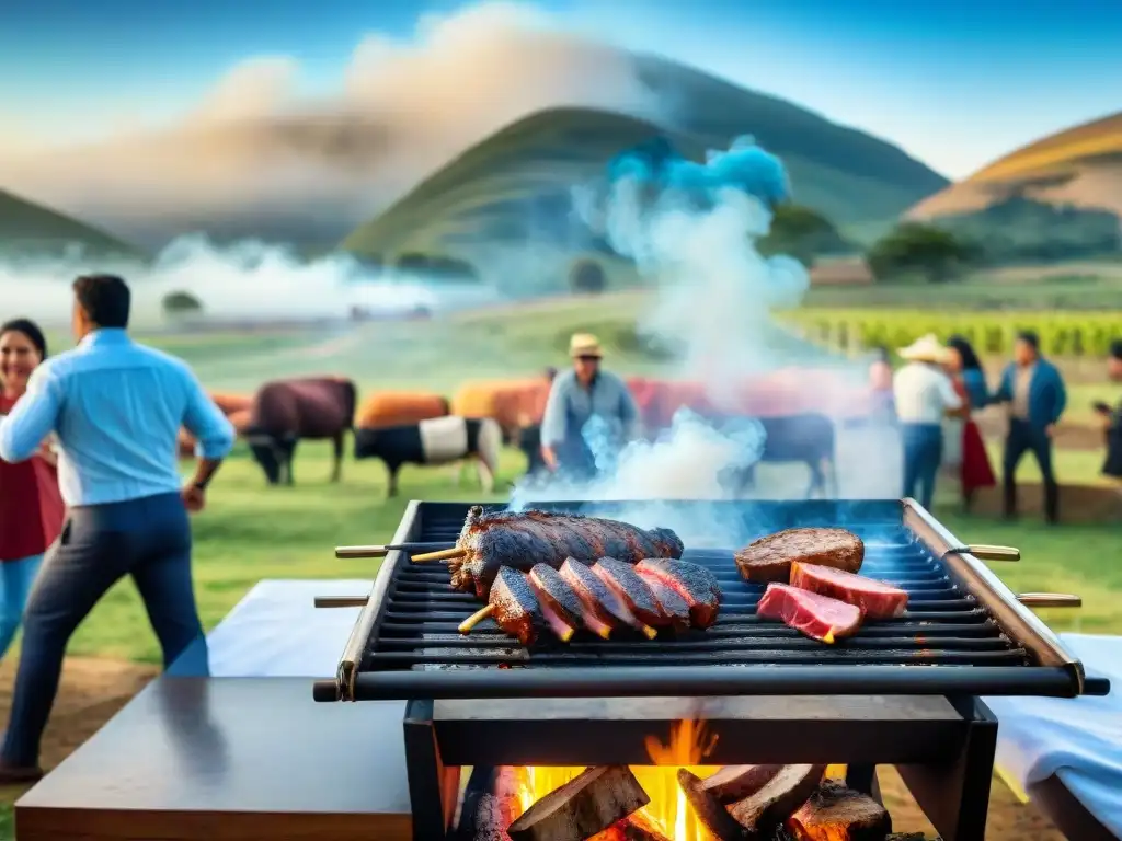 Escena de asado tradicional uruguayo con parrilla llena de carne, amigos y familia disfrutando en el campo