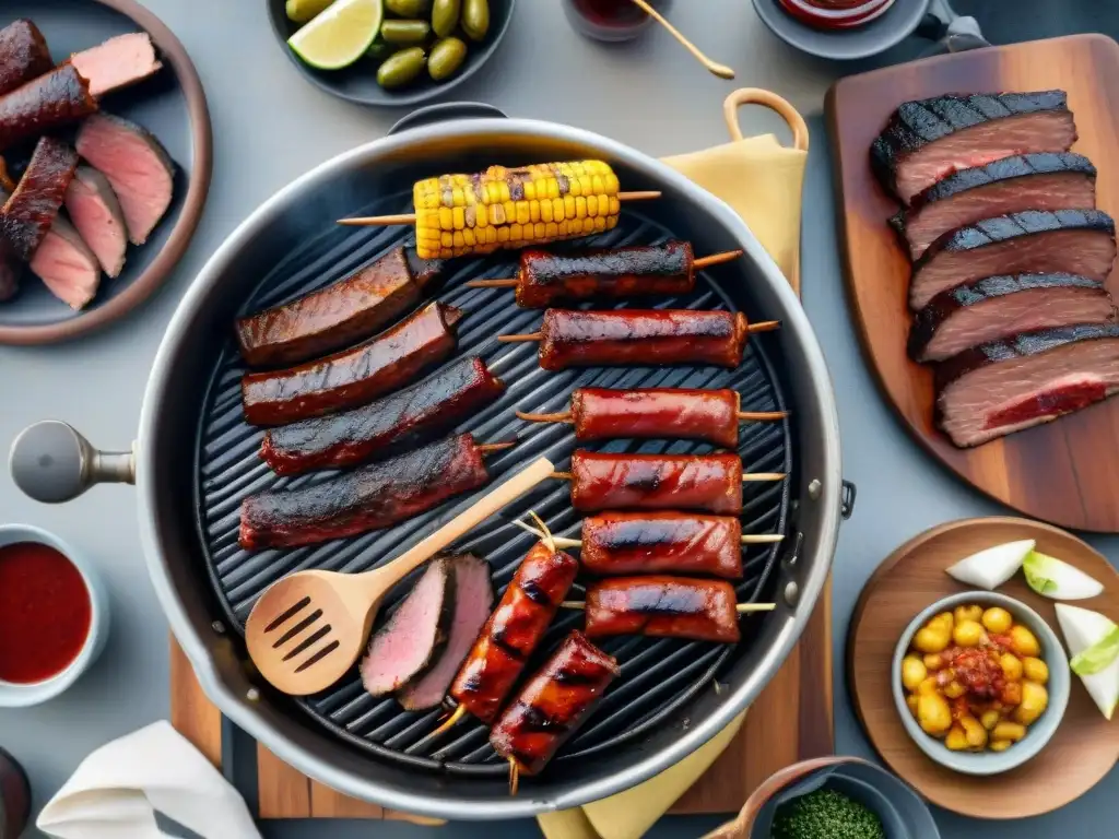 Una escena de asado tradicional uruguayo con una variedad de cortes de carne, vino tinto y condimentos