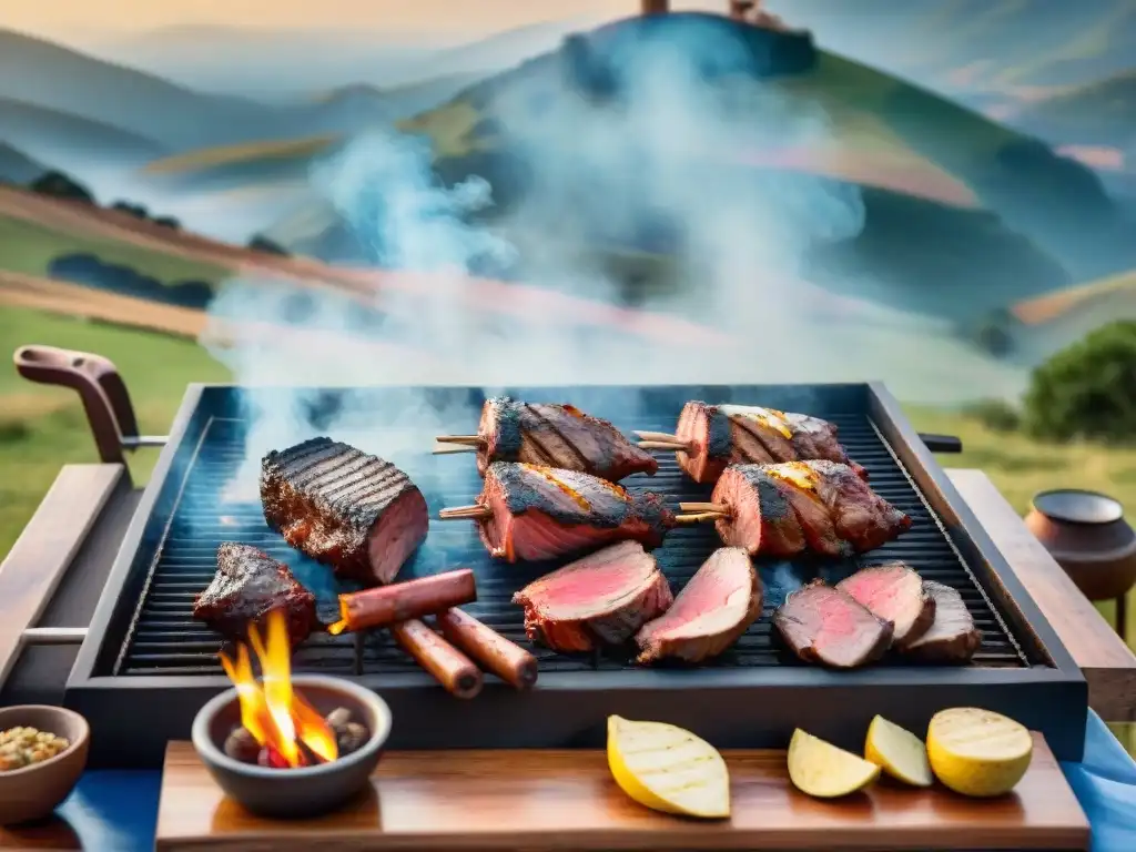 Una escena de asado tradicional uruguayo con una parrilla rústica cargada de carne, en un entorno campestre