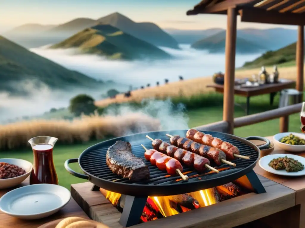 Escena de un asado tradicional uruguayo en el campo, con amigos disfrutando de la comida a la parrilla