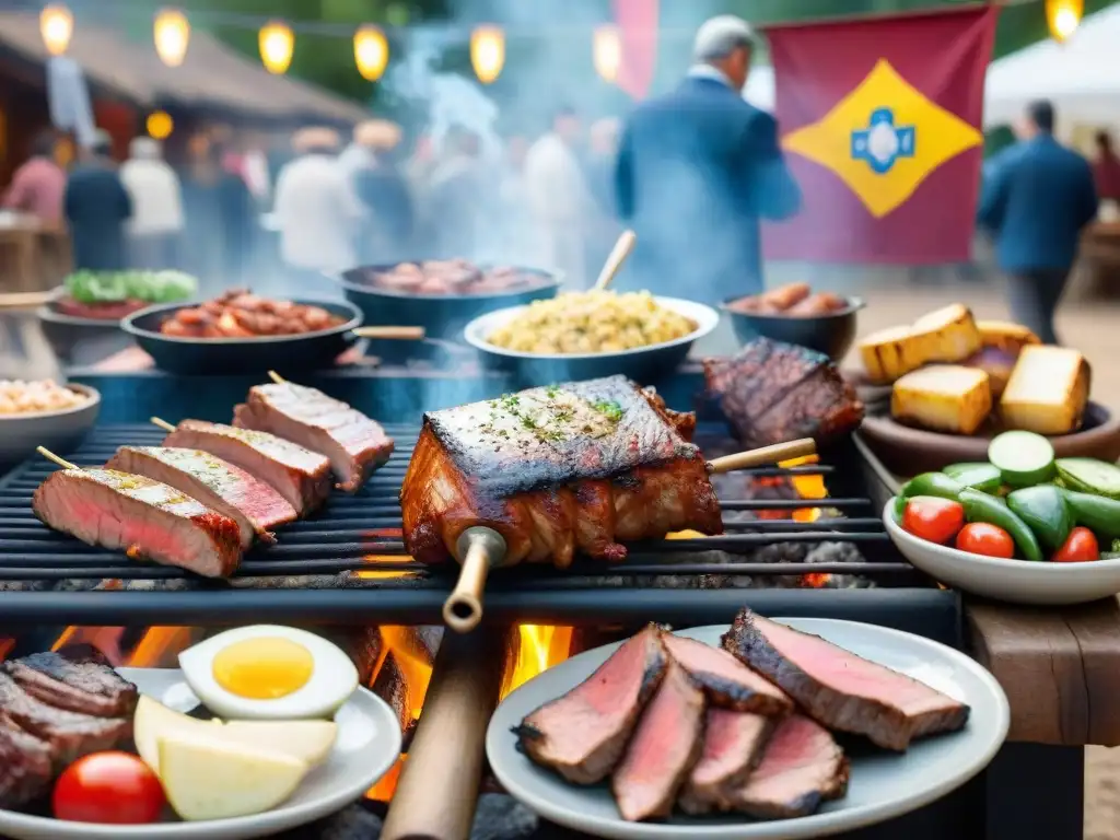 Una escena de asado tradicional uruguayo con patrocinio, mostrando una parrilla llena de carne, personas disfrutando y una pancarta de sponsors