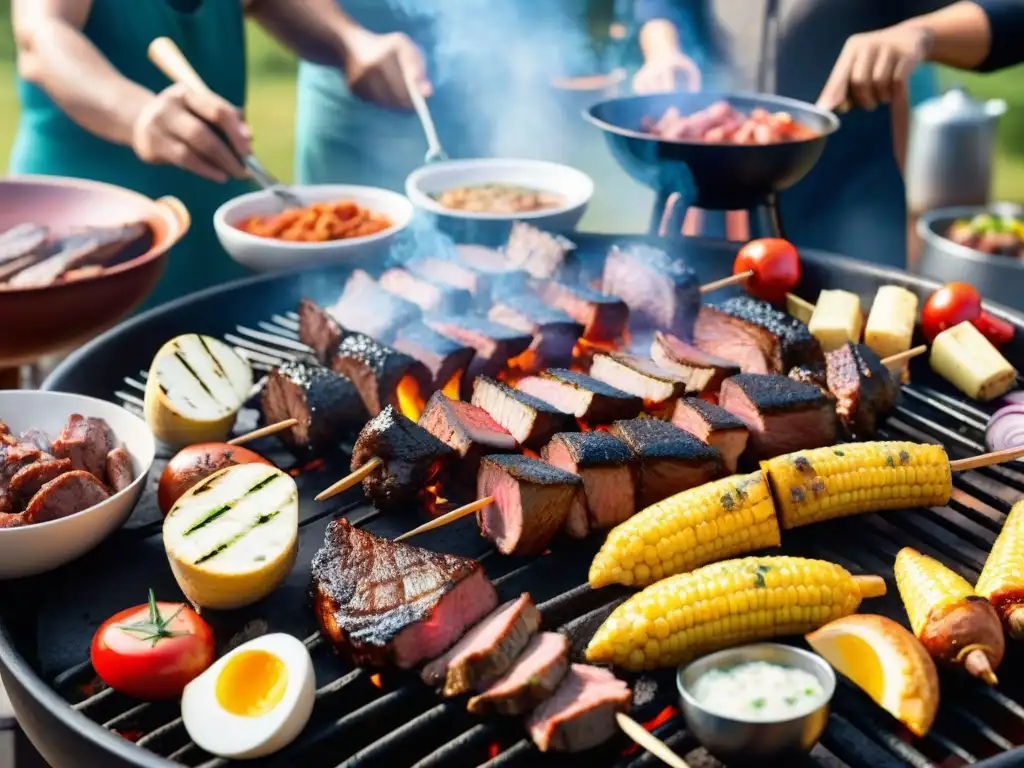 Una escena de asado tradicional uruguayo con variedad de carnes en la parrilla y personas de distintas culturas disfrutando juntas