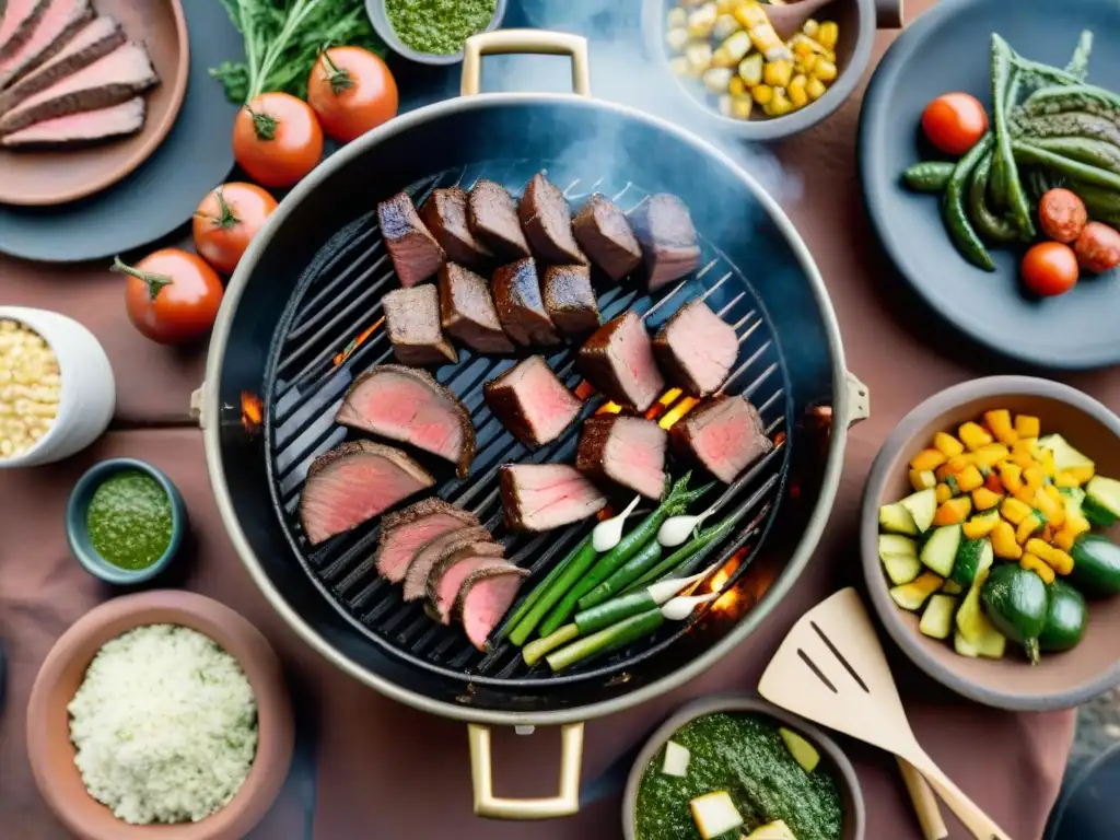 Una escena de asado tradicional uruguayo con sabores originales: carne, chorizo, chimichurri y verduras coloridas en un entorno campestre