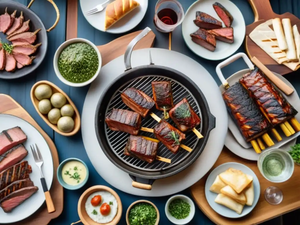 Escena de asado uruguayo con accesorios tradicionales y amigos disfrutando