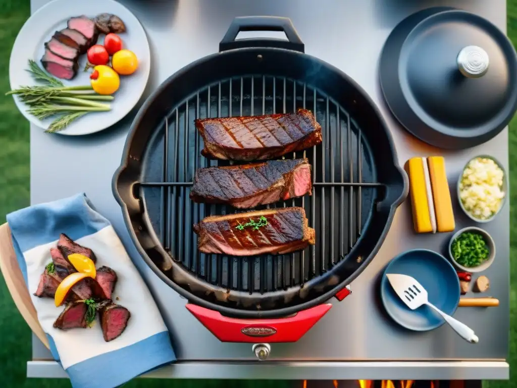 Escena de asado uruguayo con accesorios personalizados para asado en un día soleado